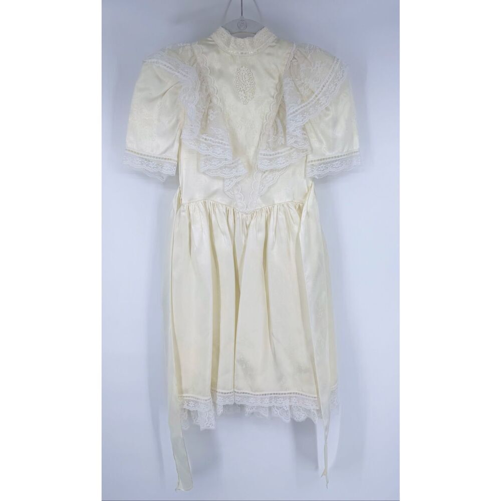Vintage Jessica McClintock Gunne Sax Girls Size 7 Ivory Lace Dress Satin USA EUC